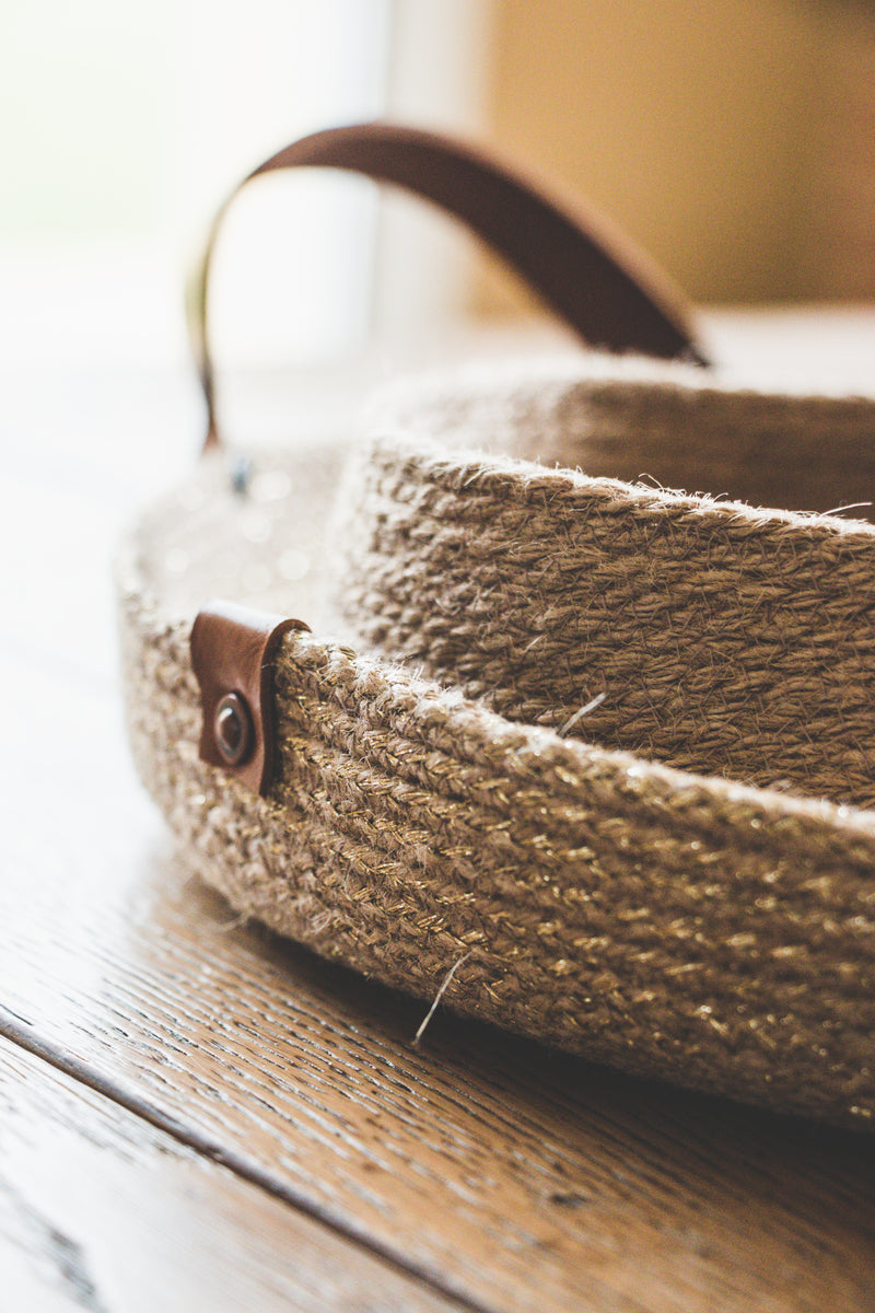 plateau en corde de jute, anses en cuir